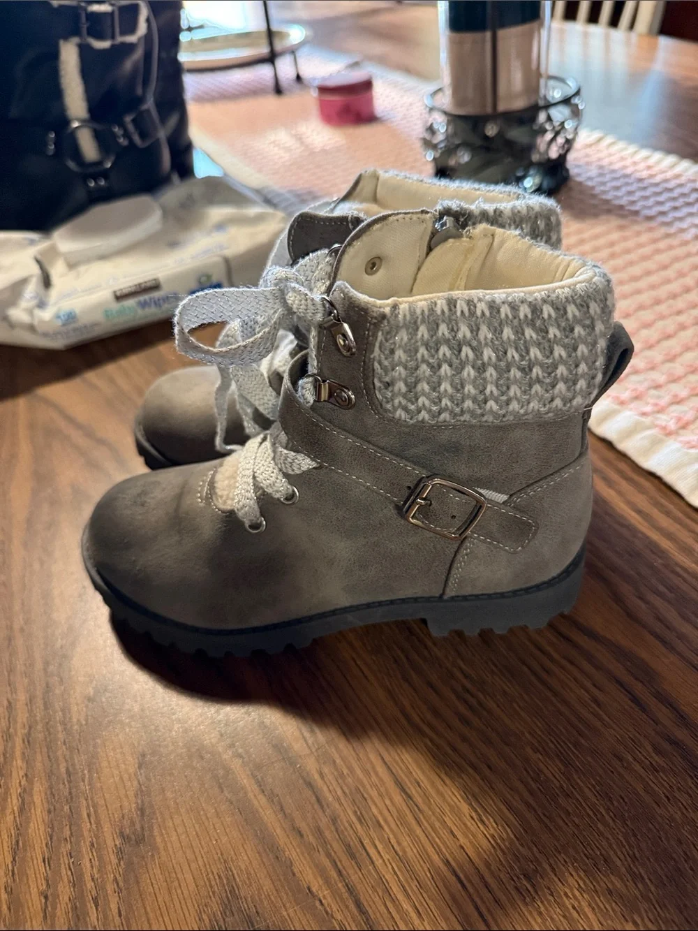Girls size 13 Gray Faux-Fur Lined Lace-Up Boots
